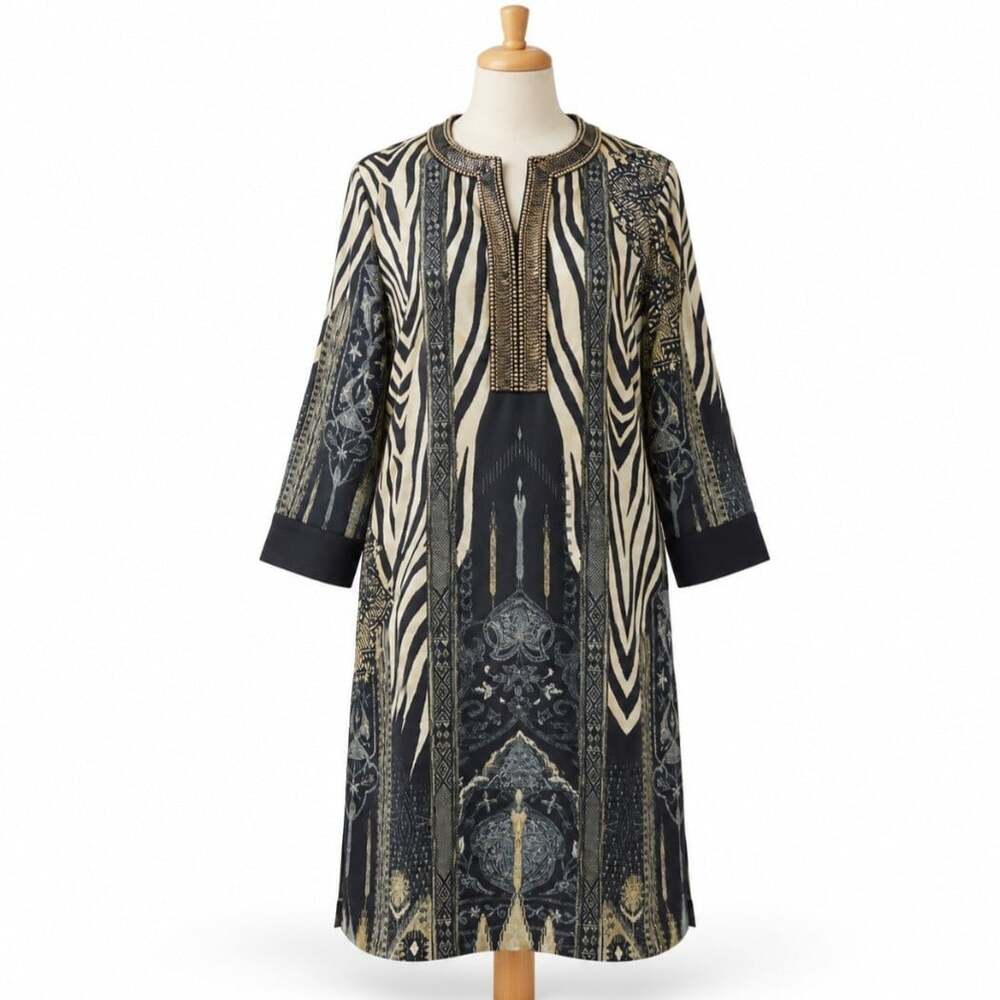 ETRO Milano Kaftan Dress IT 48 Zebra Print Hand Embroidered Beaded Italy